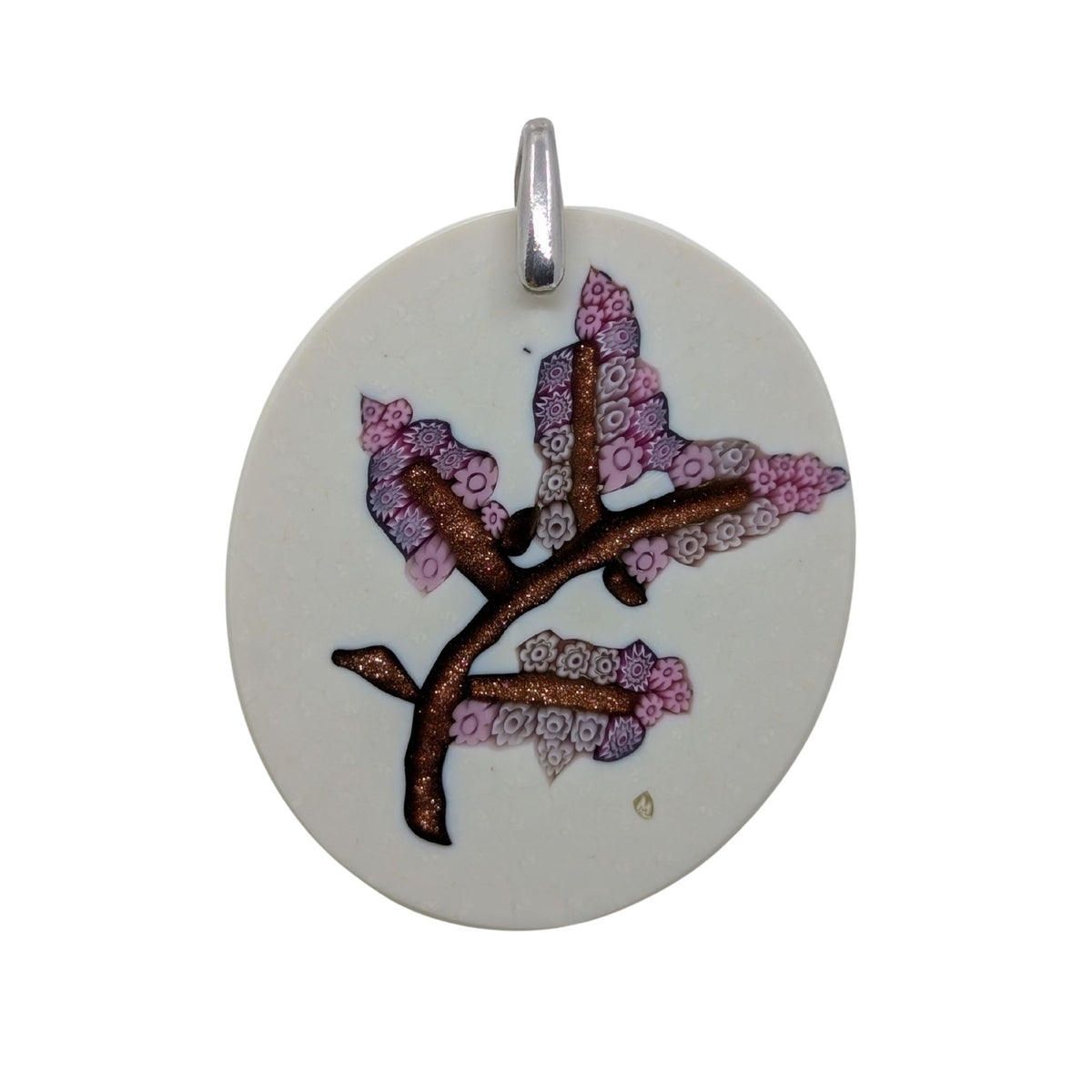 An oval white glass pendant featuring a cherry blossom branch design with pink blossoms and brown branches, complete with a silver metal loop at the top.