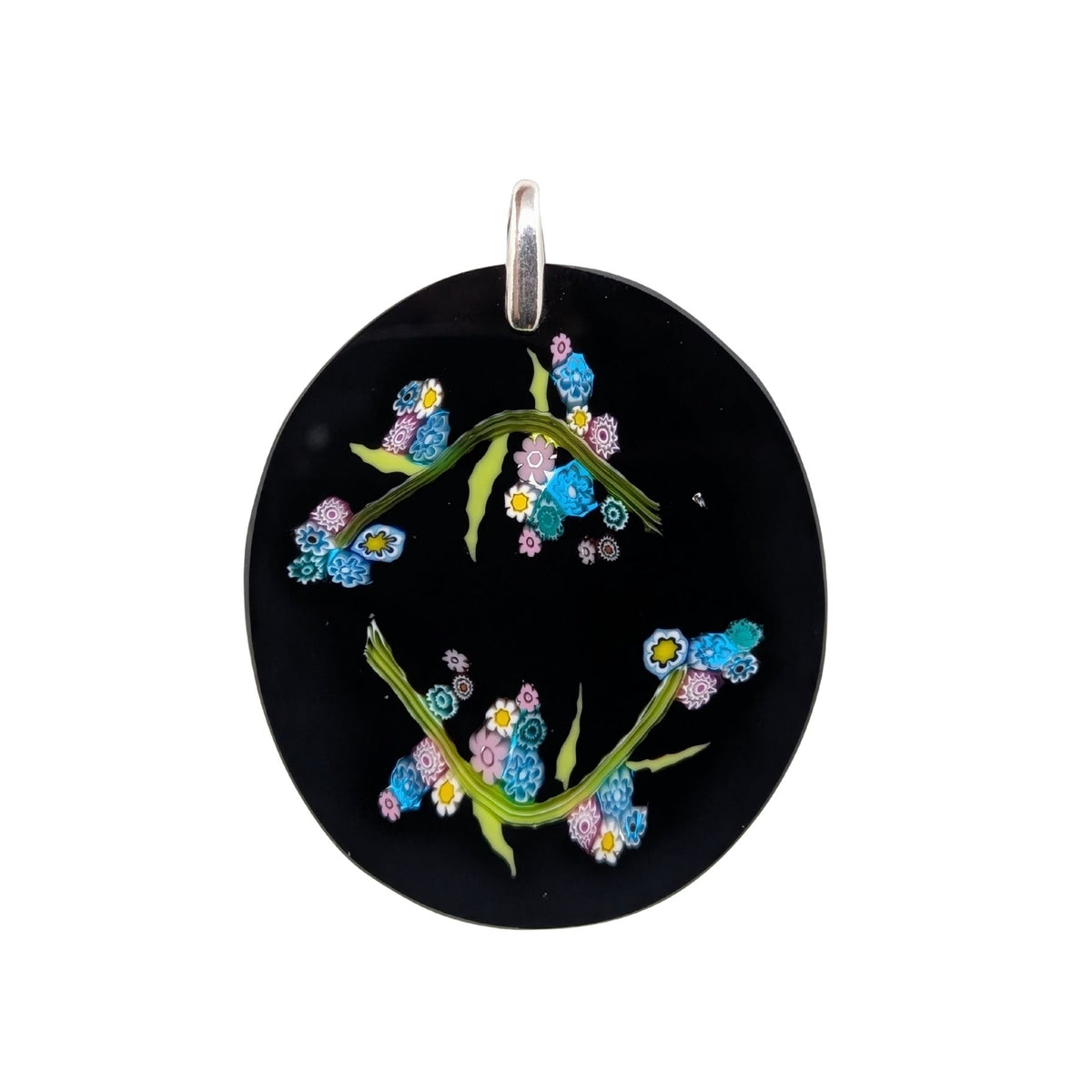 A round black glass pendant featuring delicate hand-painted floral designs in blue, pink, green, and yellow, complete with a silver-tone metal loop at the top, shown against a plain white background.