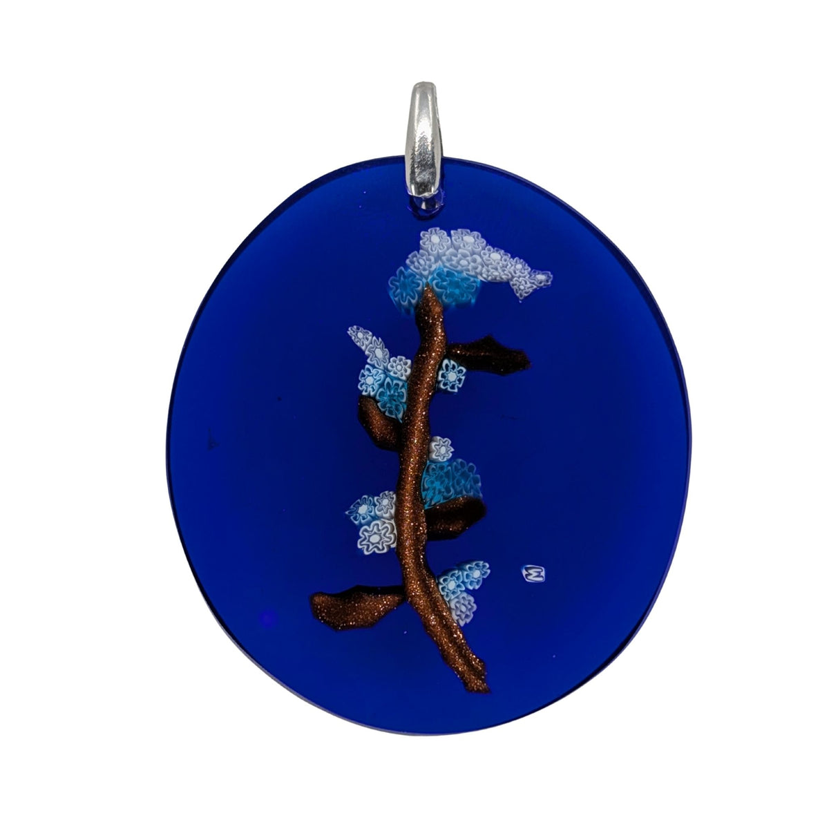 A round cobalt blue glass pendant featuring millefiori glass branch design with gold, light blue, and white details, complete with a silver bail at the top, shown against a plain white background.