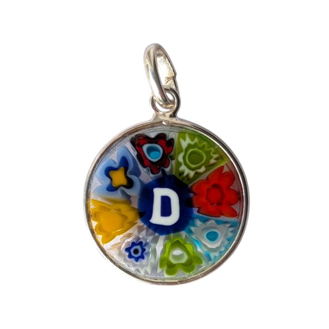 Mini Millefiori alphabet pendant letter D, multicolour Murano glass letter charm