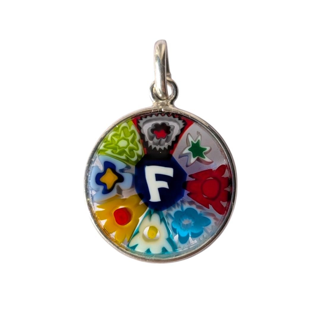 Mini Millefiori alphabet pendant letter F, multicolour Murano glass letter charm