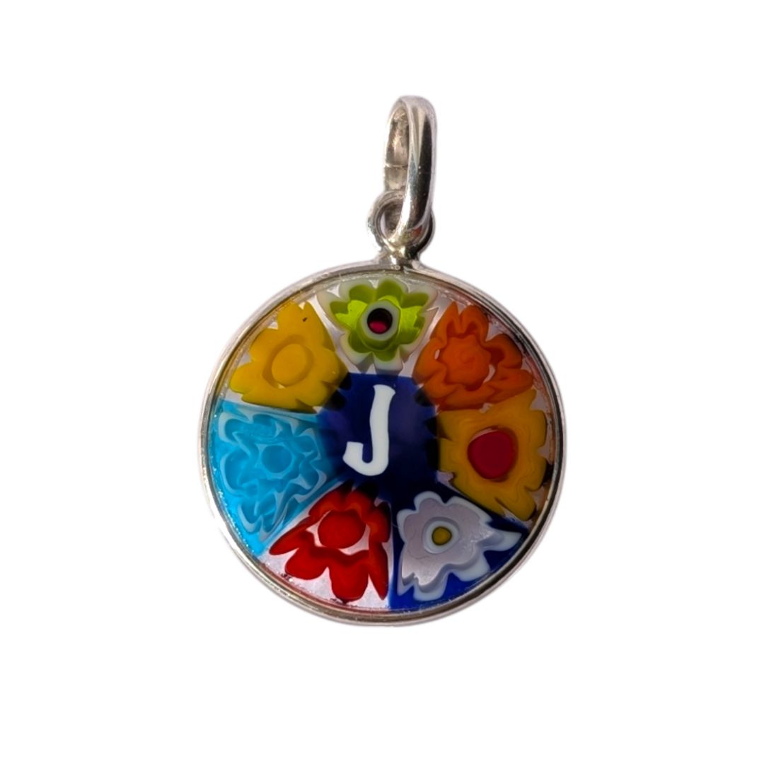 Mini Millefiori alphabet pendant letter J, multicolour Murano glass letter charm