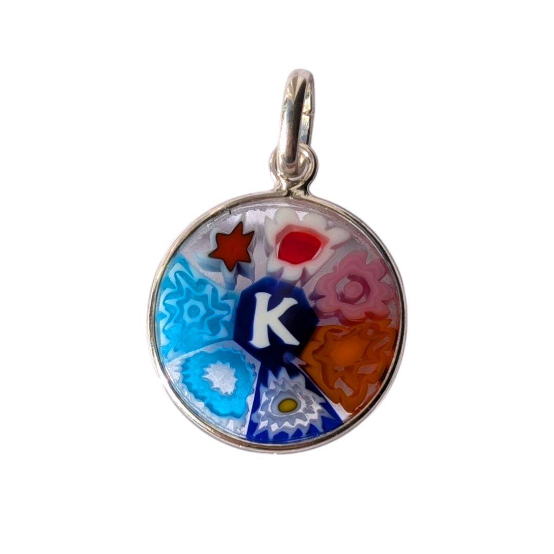 Mini Millefiori alphabet pendant letter K, multicolour glass letter charm