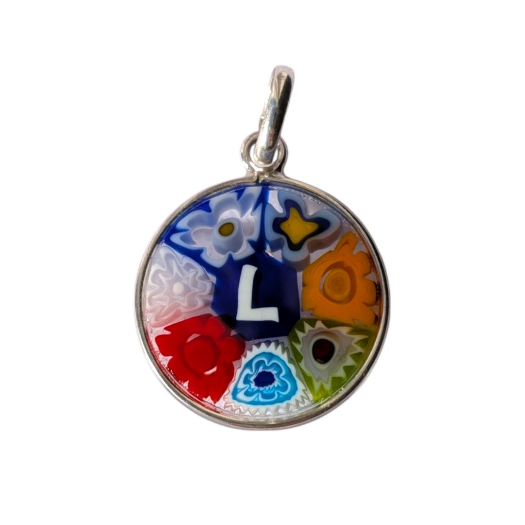 Mini Millefiori alphabet pendant letter L, multicolour Murano glass letter charm