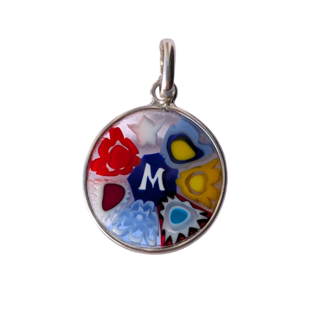 Mini Millefiori alphabet pendant letter M, multicolour Murano glass letter charm
