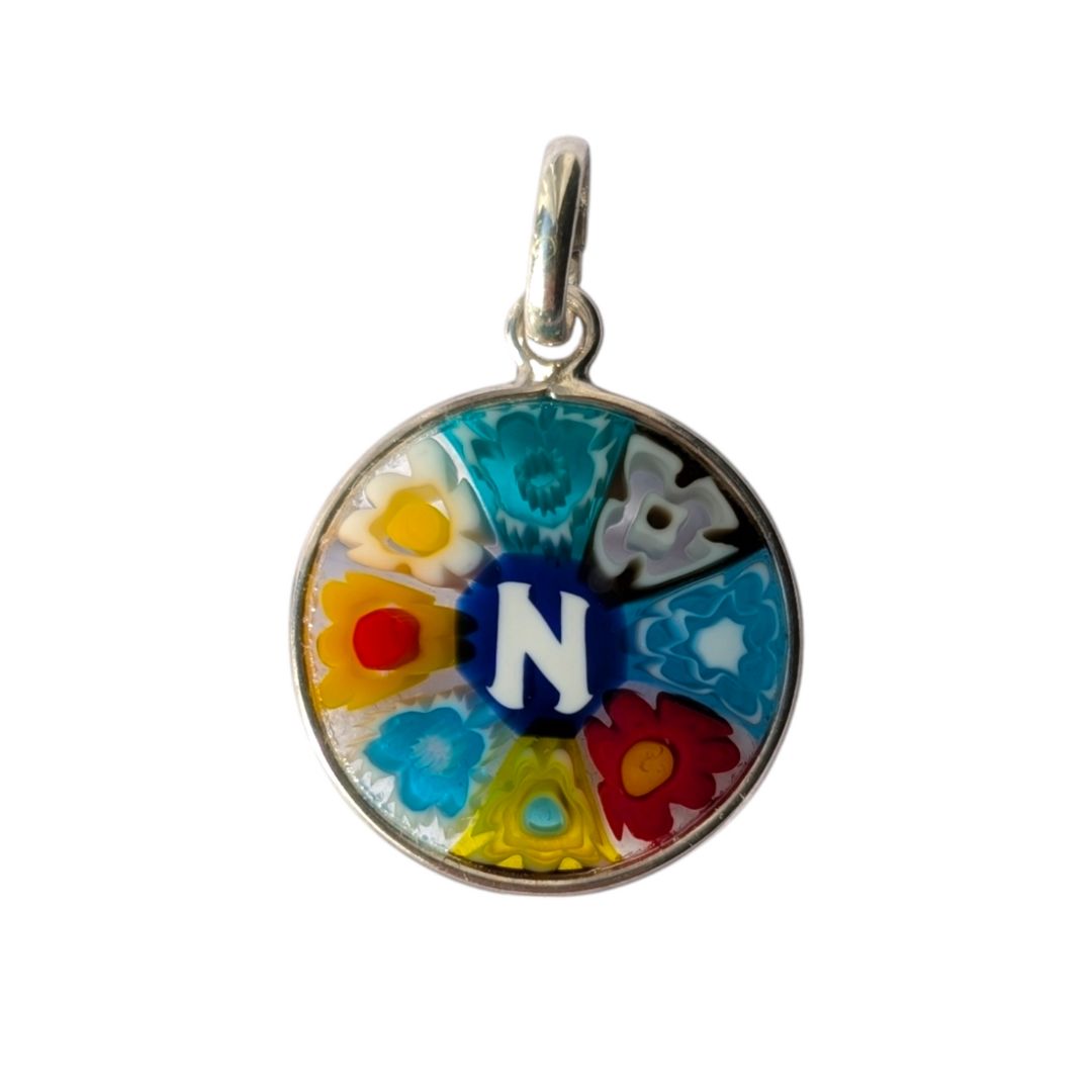 Mini Millefiori alphabet pendant letter N, multicolour Murano glass letter charm