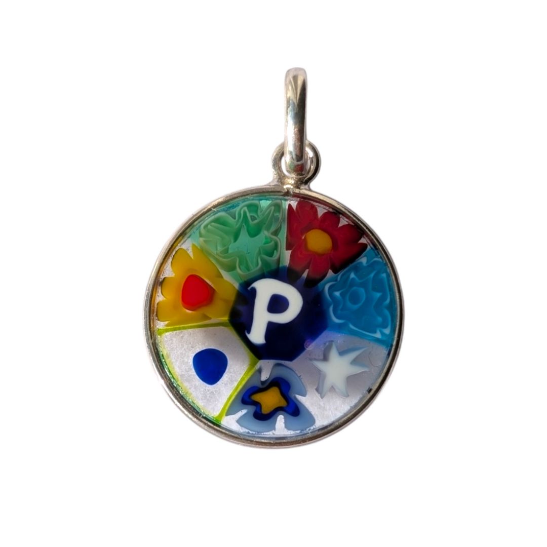 Mini Millefiori alphabet pendant letter P, multicolour Murano glass letter charm