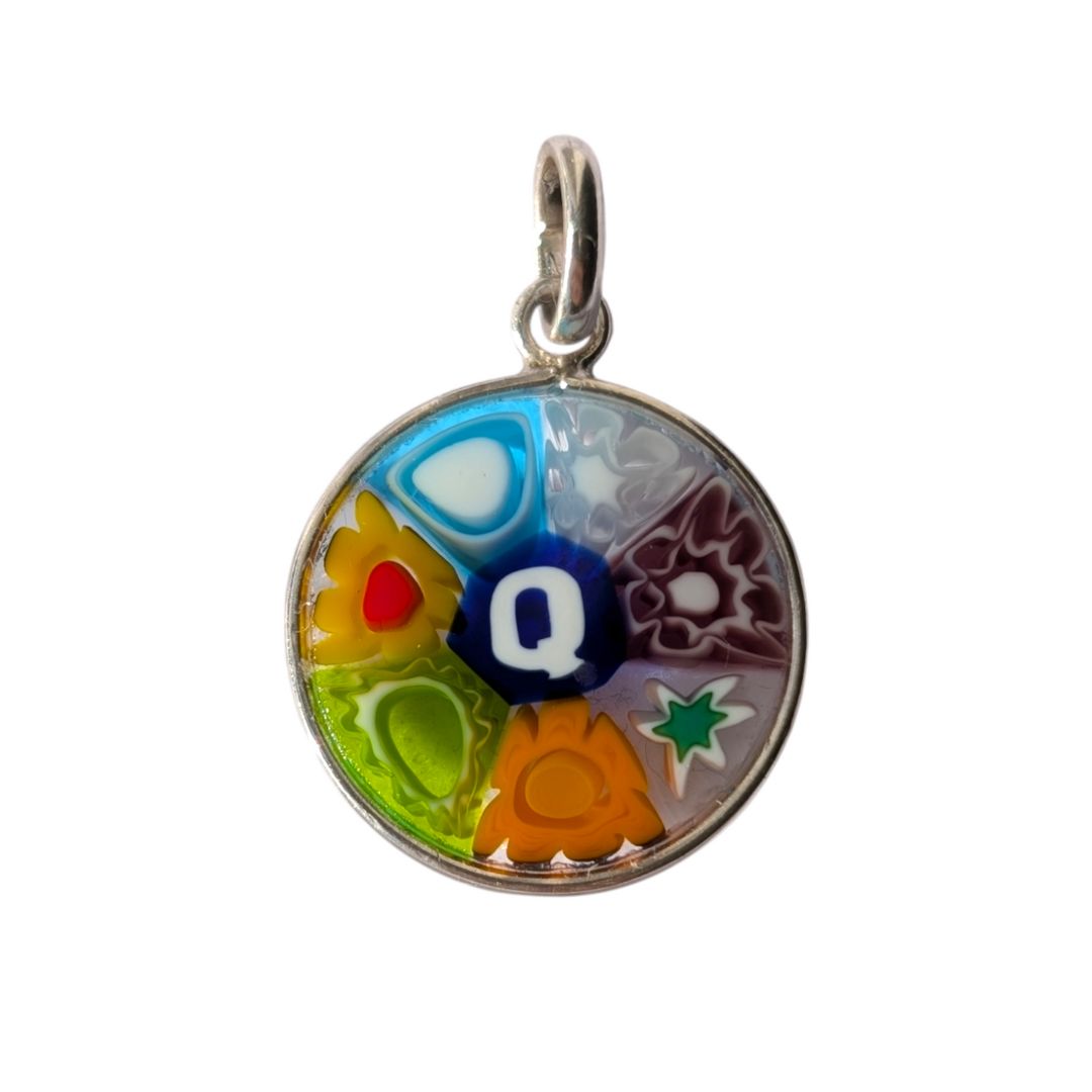 Mini Millefiori alphabet pendant letter Q, multicolour Murano glass letter charm