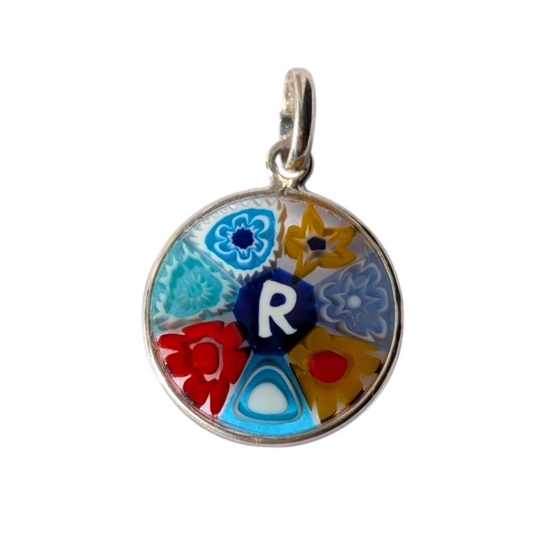 Mini Millefiori alphabet pendant letter R, multicolour Murano glass letter charm