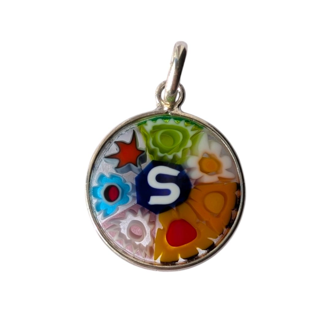 Mini Millefiori alphabet pendant letter S, multicolour Murano glass letter charm