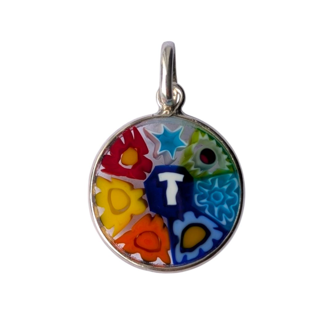 Mini Millefiori alphabet pendant letter T, multicolour glass letter charm