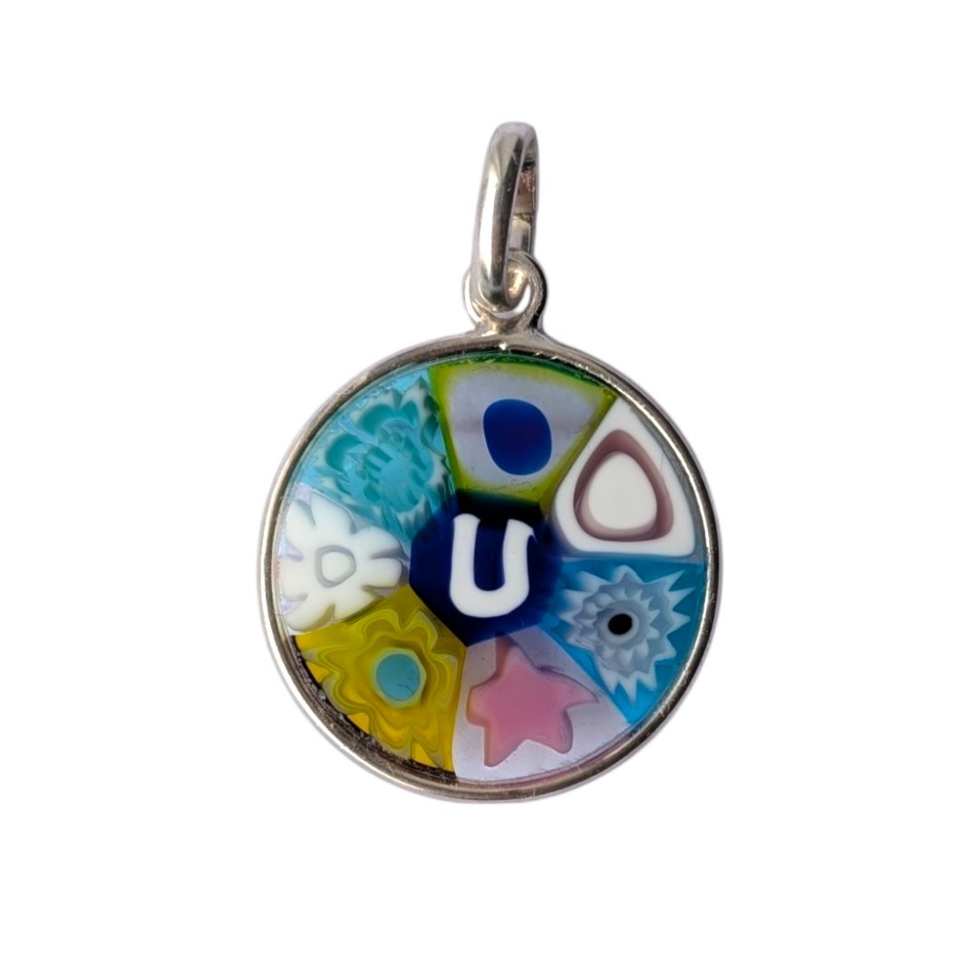 Mini Millefiori alphabet pendant letter U, multicolour Murano glass letter charm