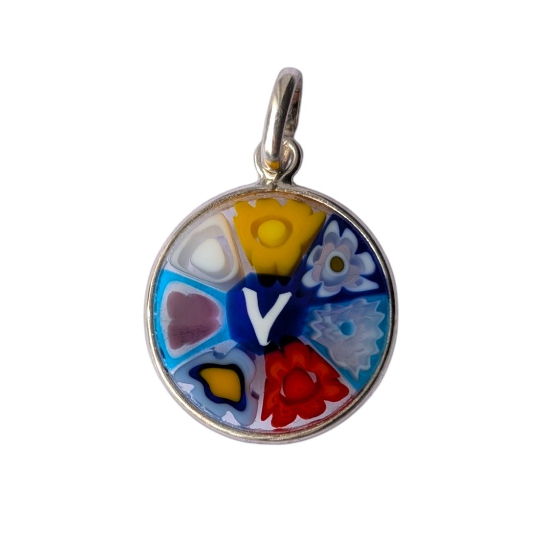 Mini Millefiori alphabet pendant letter V, multicolour Murano glass letter charm