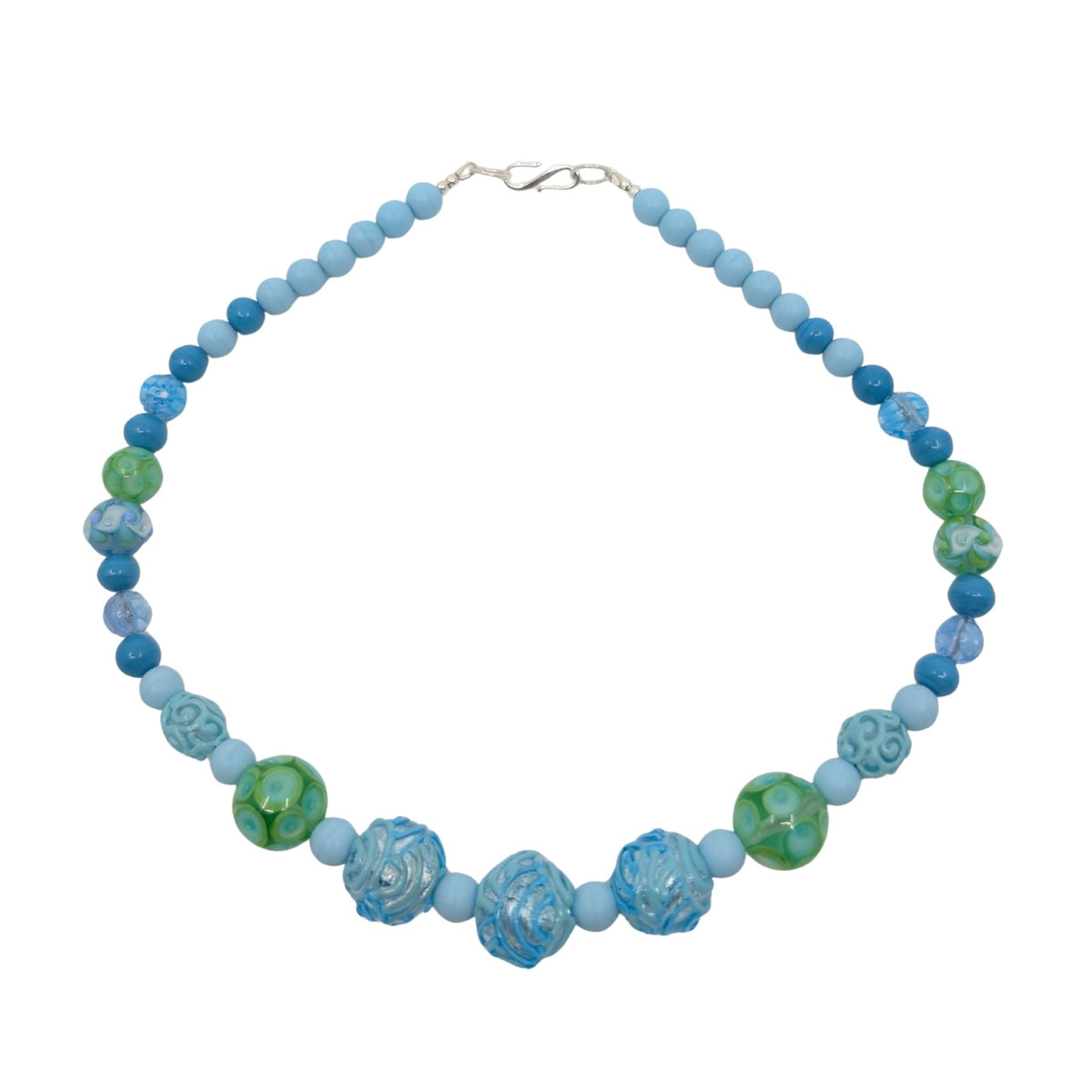 murano glass necklace in blue shades.
