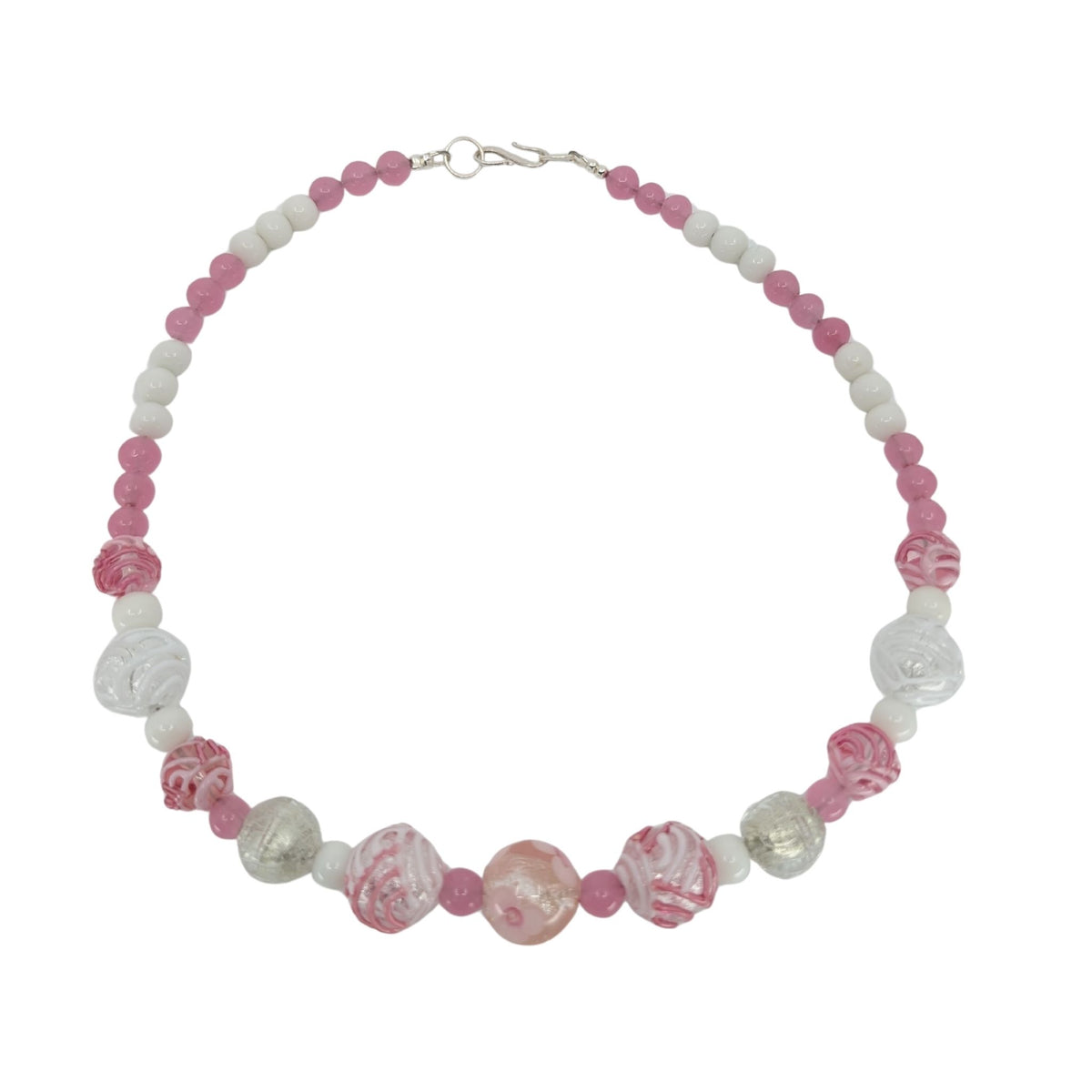 murano-glass-beads necklace with pink, silver and white beads.